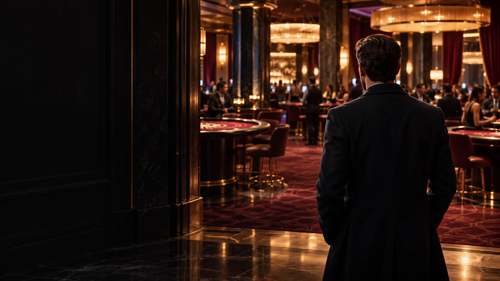 A player pauses at the entrance to a warmly lit casino, surveying the room.